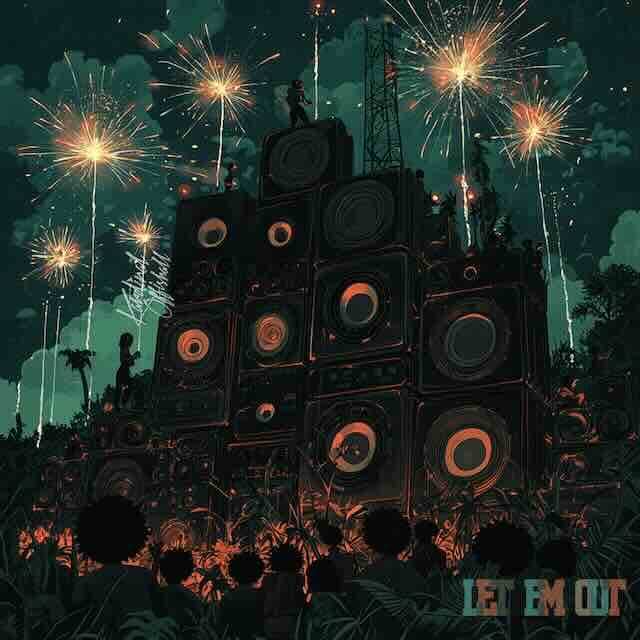 Colorful fireworks illuminate a music event with large speakers and crowd.