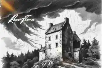 Gothic house on rocky hill under stormy sky, dark clouds, rain, and dense forest, evoking mystery and resilience.