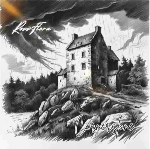 Gothic house on rocky hill under stormy sky, dark clouds, rain, and dense forest, evoking mystery and resilience.