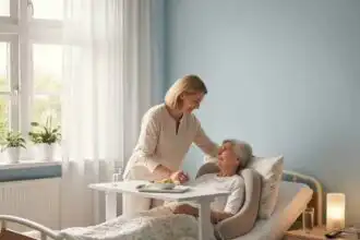 A loving woman visits an elderly patient in a hospital room, providing compassionate companionship and support.