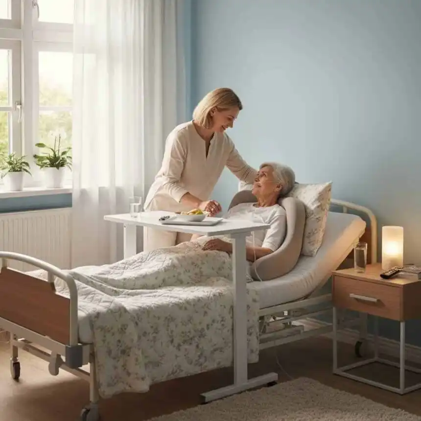 A loving woman visits an elderly patient in a hospital room, providing compassionate companionship and support.