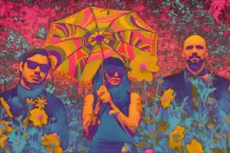 Colorful LGBTQ+ trio with umbrella, flowers, and bold fashion set in a garden backdrop.