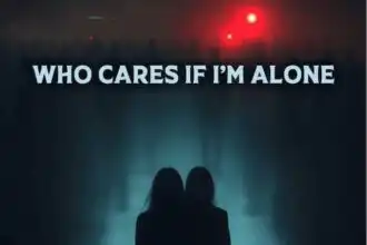 Silhouettes of two women with moody, dark background and red lights.