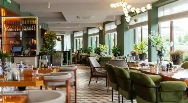 Bright, stylish restaurant with natural light, modern furnishings, and vibrant indoor plants.