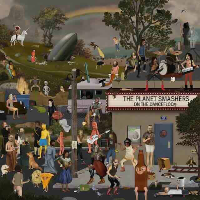 Vibrant outdoor music festival with diverse crowd, live band, and playful art installations.