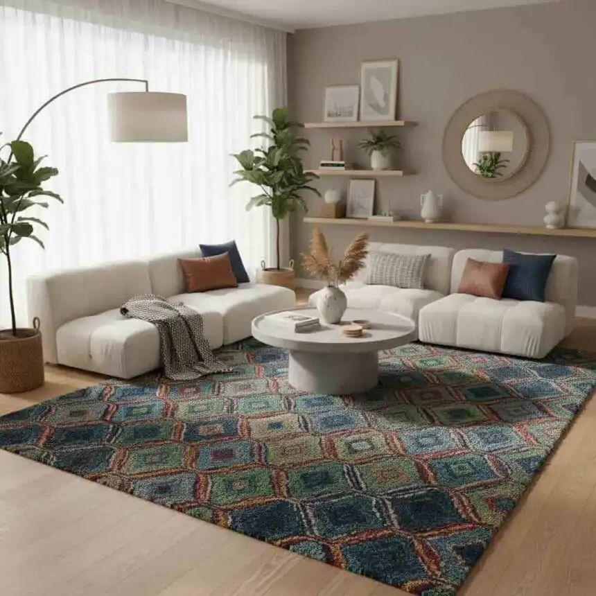 Bright living room with white sectional sofa, vibrant rug, and contemporary decor.