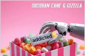 Robot hand holding "addicted" sign over colorful candy box, emphasizing addiction to sweets and treats.