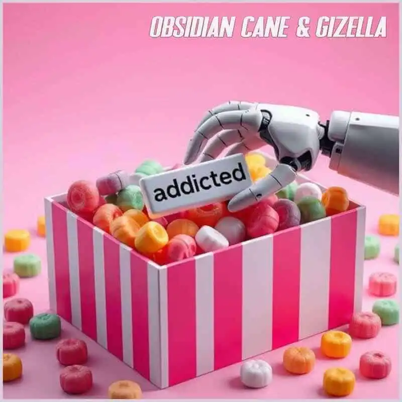 Robot hand holding "addicted" sign over colorful candy box, emphasizing addiction to sweets and treats.