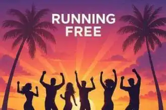 Silhouettes of people dancing on a sunset beach with palm trees for fitness and outdoor activity themes.