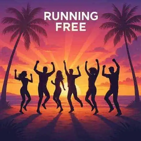 Silhouettes of people dancing on a sunset beach with palm trees for fitness and outdoor activity themes.