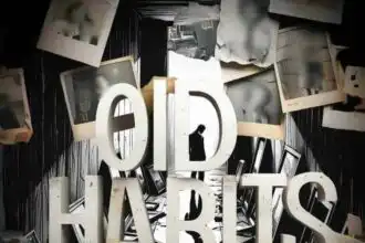 Stylish black-and-white creative photo with large "OID HATES" text and vintage photographs background.