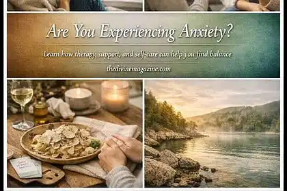 Woman talking with therapist about anxiety, relaxing nature scene, and calming activities.