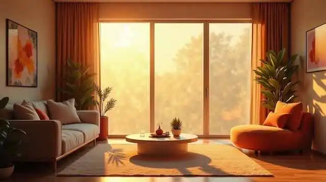 Bright modern living room with large windows, comfortable seating, and stylish decor.