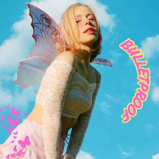 Fairy with butterfly wings and pink bubblegum in a sunny sky setting.