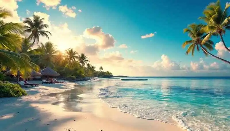 Stunning tropical beach with palm trees, clear blue water, and relaxing sun loungers, creating an idyllic escape.