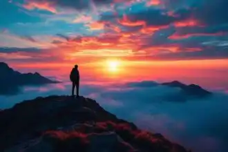 A solitary hiker stands on a mountain summit during a vibrant sunset, with clouds below and colorful skies enhancing the serene, adventurous outdoor scene.