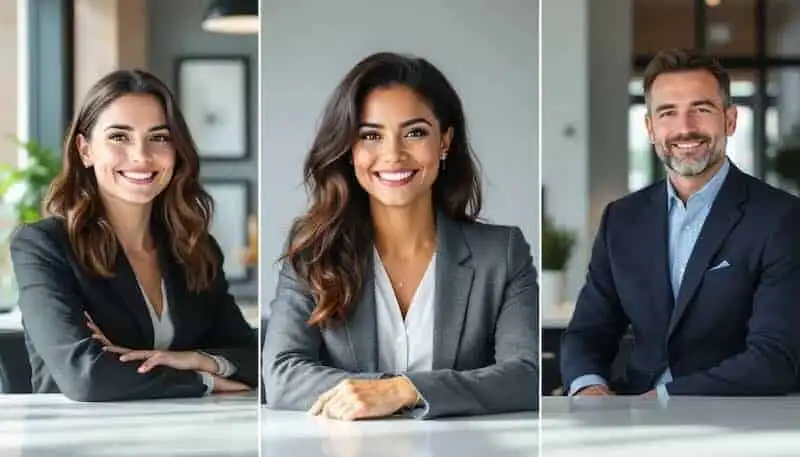 Smiling diverse business professionals in formal attire in a modern office setting.