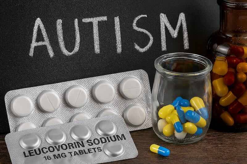 Image features medication, pills, and a chalkboard with "AUTISM" written on it, highlighting autism awareness and support options.