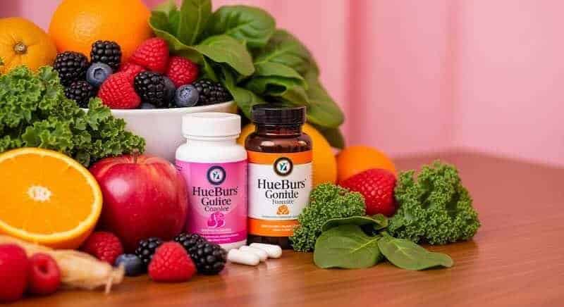 Vitamins and fresh fruits with supplements for health and wellness.