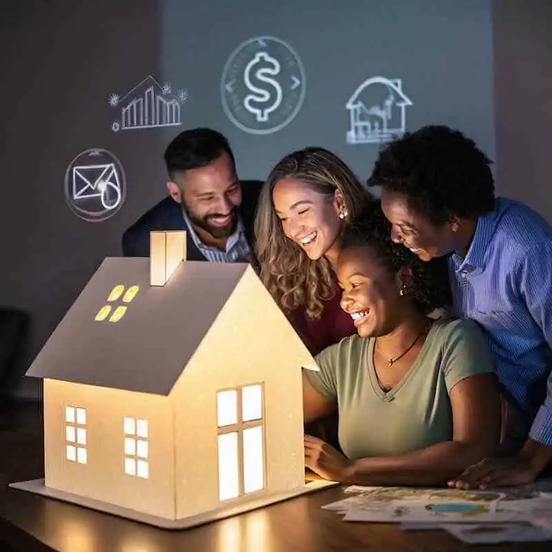 Happy diverse family exploring miniature house model with illuminated windows and house icons above.