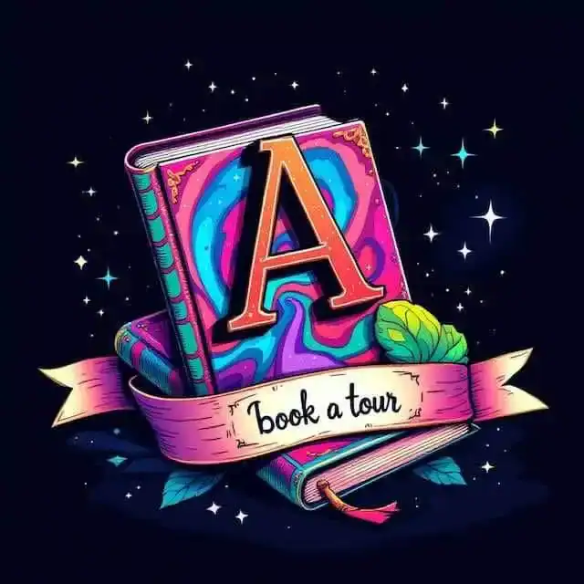Colorful book with an "A" and "Book a Tour" banner for literary events, author signings, and reading experiences.