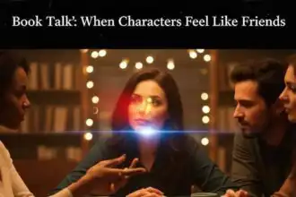 People discussing books around table with cozy library background.