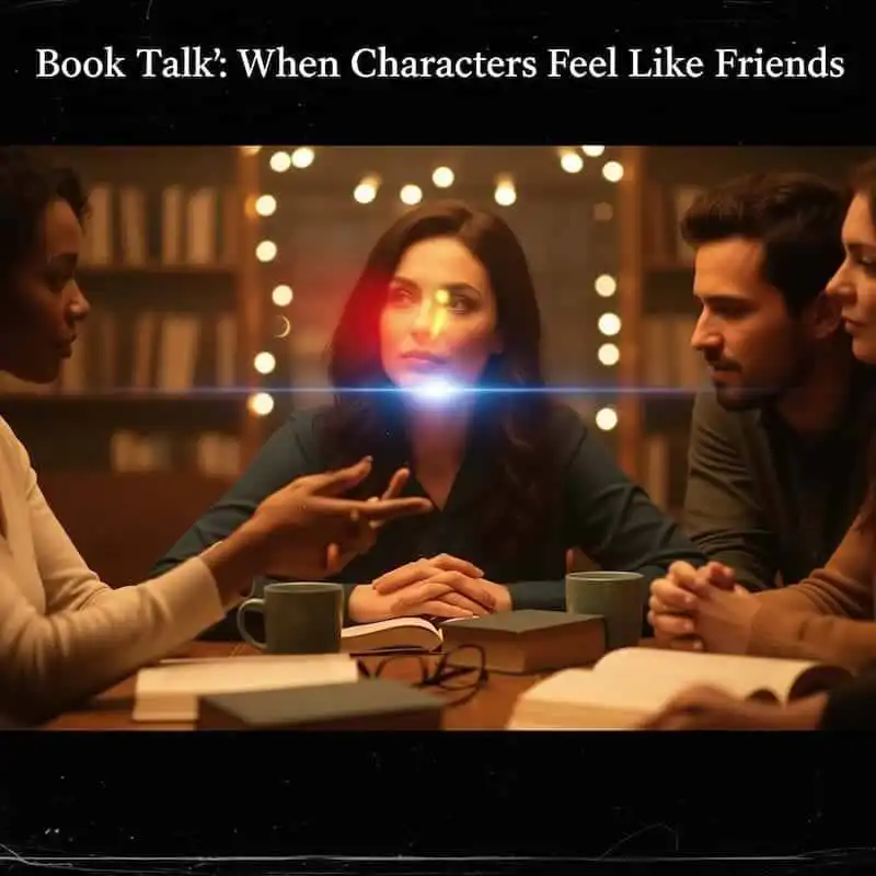 People discussing books around table with cozy library background.