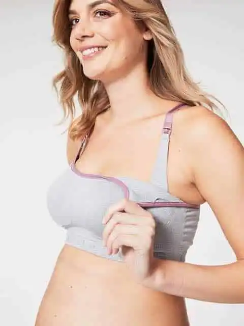 Comfortable maternity nursing bra for breastfeeding moms in gray and pink.