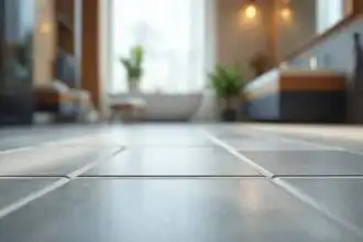 Elevated view of a sleek bathroom floor with modern tiles and contemporary interior design.