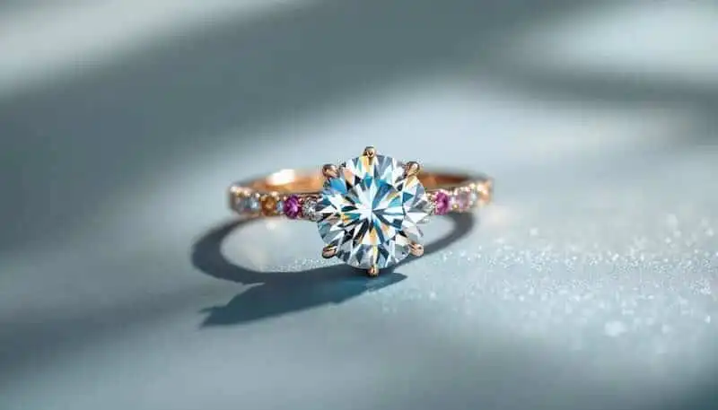 Diamond engagement ring with pink gemstones on a soft blue surface.