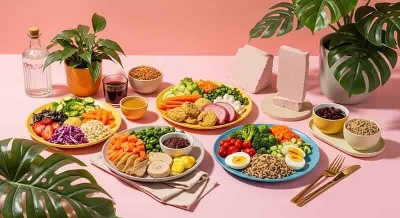 Vibrant colorful healthy food display with vegetables, boiled eggs, grains, and fruits.