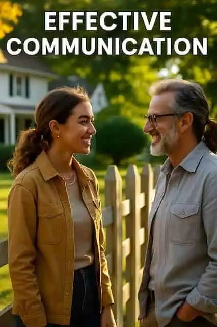 Smiling a man and woman engaging in a friendly conversation outdoors, highlighting effective communication skills.