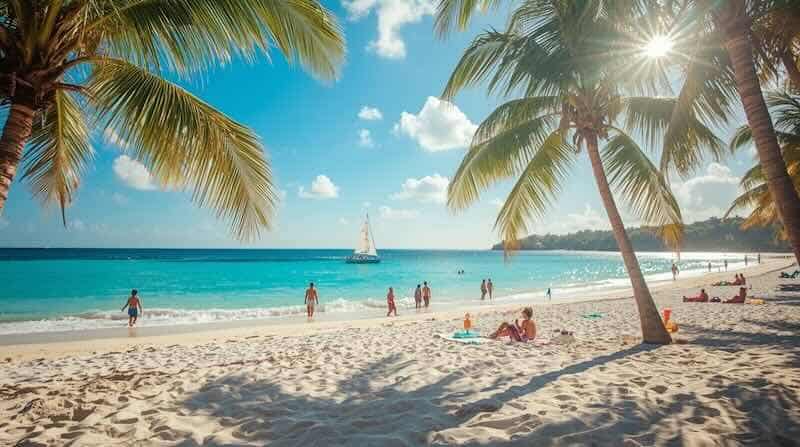Beautiful tropical beach with palm trees, clear blue water, and sunny weather for vacation relaxation.