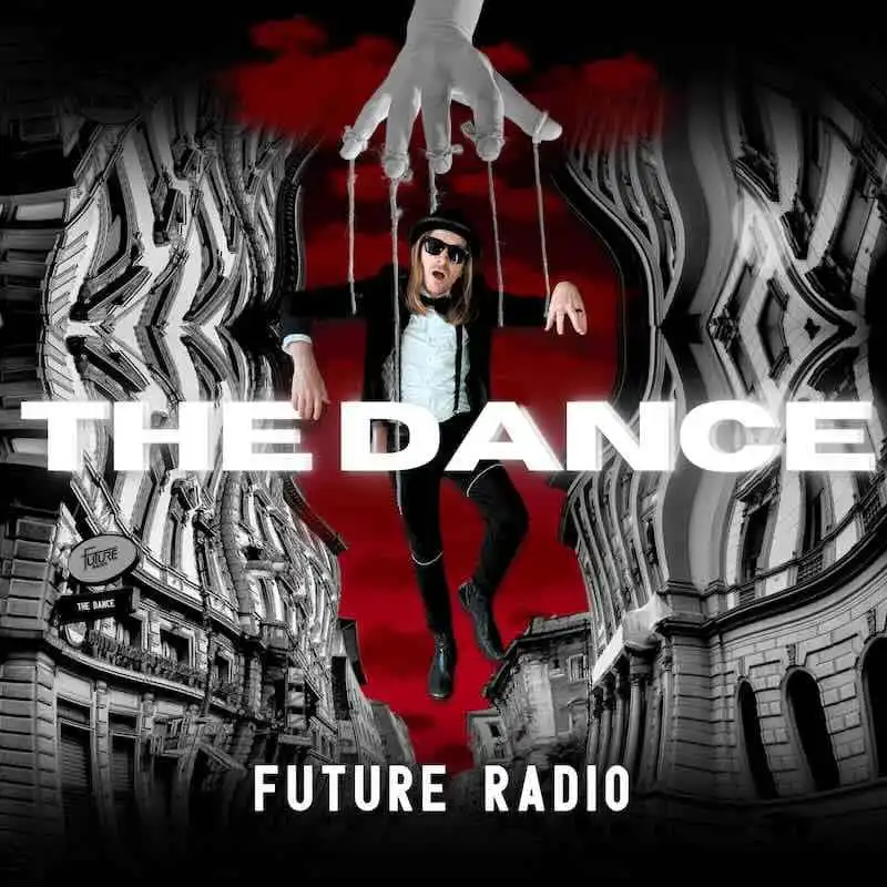 Creative person as a puppet on strings with cityscape background, vibrant red sky, musical theme.