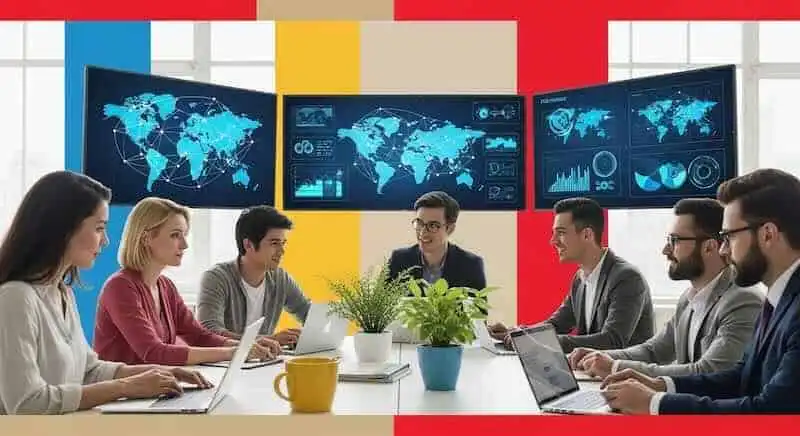 A diverse team discusses global data analytics with multiple screens displaying world maps and data charts, emphasizing technology and teamwork.