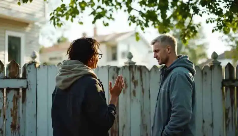 Young woman in casual clothes talking to a young man, fence, and trees in the background.