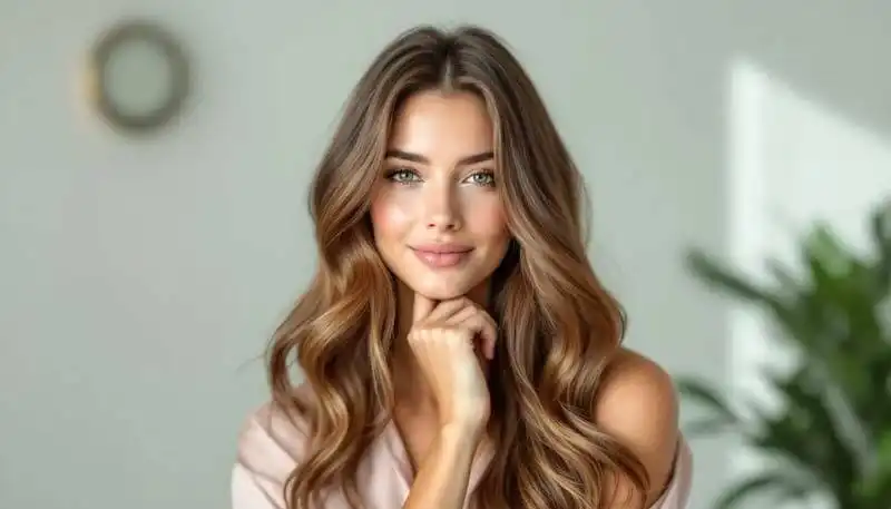 Beautiful woman with long, wavy hair and bright smile in a modern home setting.