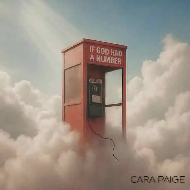 Vintage telephone booth floating among clouds, surreal sky scene with a thought-provoking message.