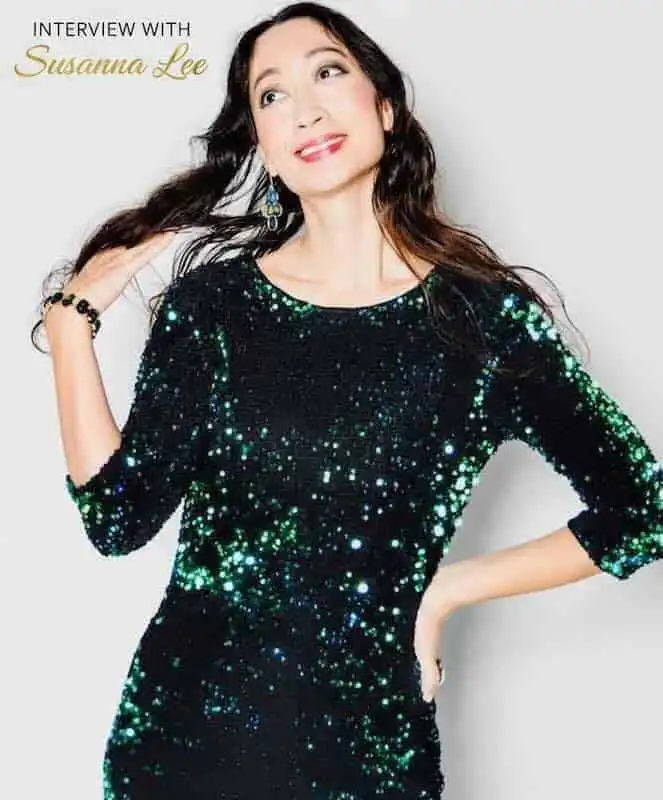 Elegant woman in sparkly black nightwear with sequins, perfect for sleep or lounge.