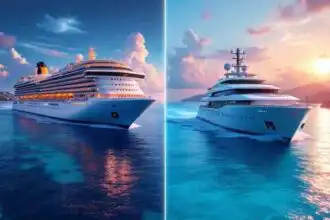 Elegant cruise ships at sea during sunset with vibrant sky and calm waters.