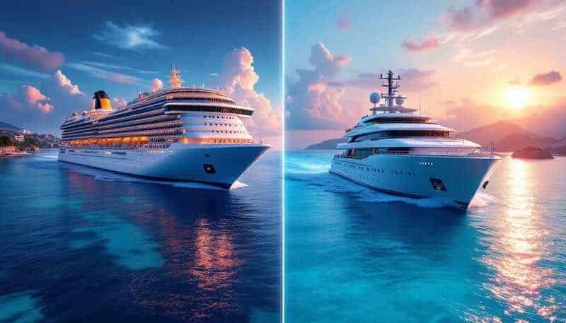 Elegant cruise ships at sea during sunset with vibrant sky and calm waters.