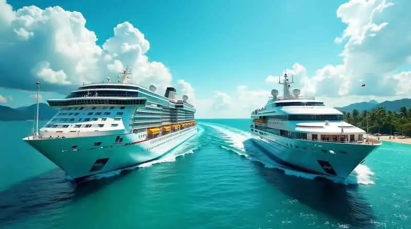 Luxury cruise ships sailing in crystal-clear waters with tropical islands in the background.