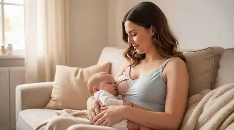 ALT text: Woman breastfeeding her infant on a cozy sofa, promoting motherhood and nurturing.