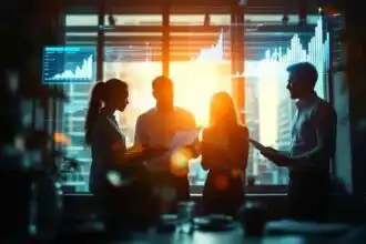 Business professionals analyzing data in a conference room with charts and graphs on the screen.