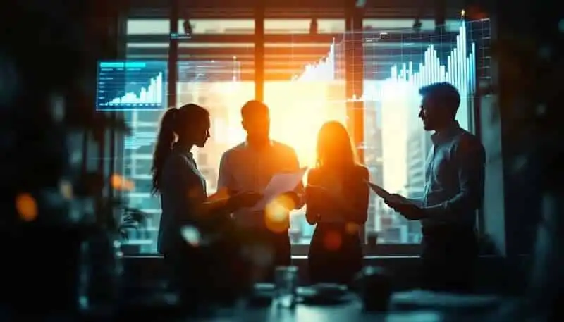 Business professionals analyzing data in a conference room with charts and graphs on the screen.