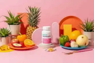 Colorful assortment of fresh fruits and multivitamins on a pastel pink background.