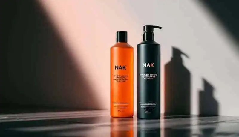 Alt text: Modern shampoo and conditioner bottles with shadow effects on a sleek surface, minimalist style.