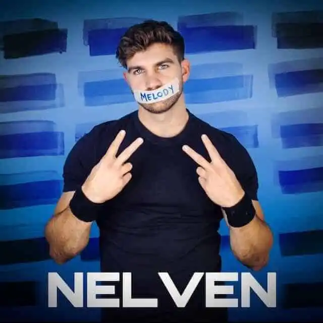 Young male with "Melody" on tape over mouth, making peace signs for pride and music culture.