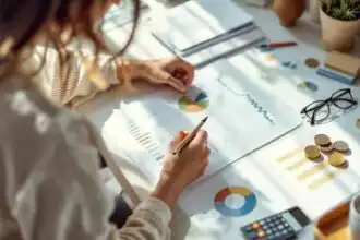 Detailed financial analysis with charts, graphs, and coins on a desk for business insights.