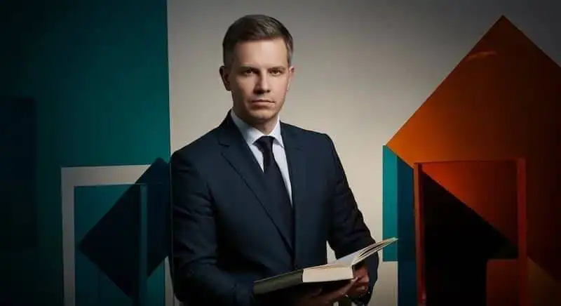 Elegant man in suit reading a book against a modern, colorful geometric background.
